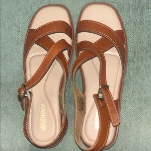 Women's Tan Leather-Look Strappy Sandals with Adjustable Ankle Strap